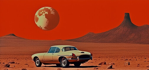 An illustration of a retro car in a sci-fi style against a beautiful landscape