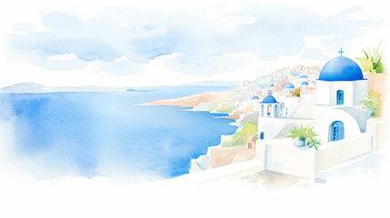 Fototapeta na wymiar Iconic view of Santorini's white and blue architecture along Aegean Sea cartoon drawing, AI Generated