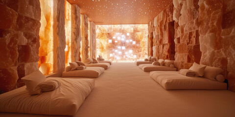 Serenity orange Salt Room in Modern Wellness Spa. Tranquil salt therapy room with glowing walls and minimalistic bed setup for relaxation. - obrazy, fototapety, plakaty