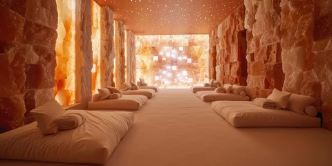 Foto op Aluminium Serenity orange Salt Room in Modern Wellness Spa. Tranquil salt therapy room with glowing walls and minimalistic bed setup for relaxation. © dinastya