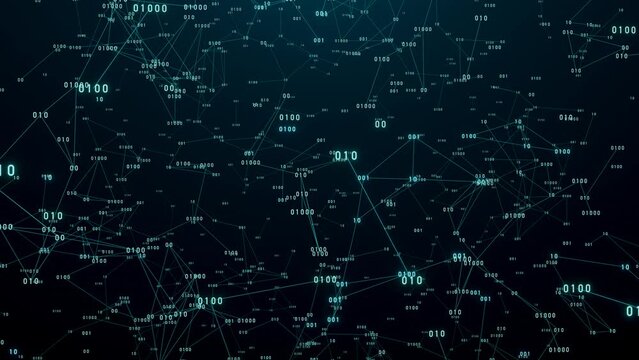 Plolygon network with animated binary numbers. Digital sytem, abstract and futuristic netowrk. Plexus animation, technology, science.