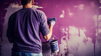  a man in a purple shirt is painting a purple wall with a paint roller and a bucket of purple paint.