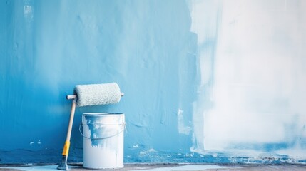  a paint can with a brush on top of it next to a blue wall with a paint roller on it.