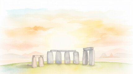 Mystical landscape of Stonehenge during sunrise cartoon drawing, AI Generated