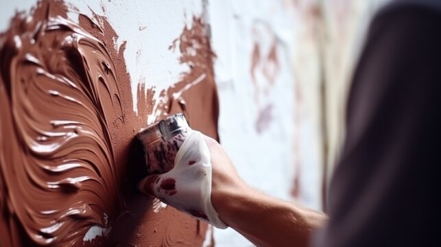  a person using a paint roller to paint a piece of art on a wall with red and white paint on it.