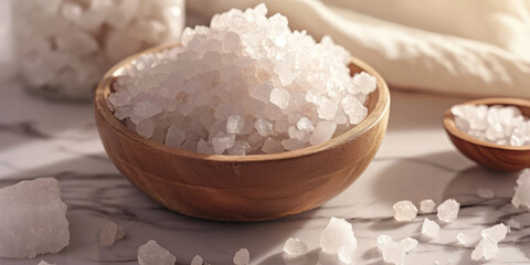 Fototapeta na wymiar Natural Salt Crystals in wooden bowl. Close-up of raw salt crystals pile, goods for spa and relax.