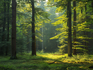 Lush green forest with sunlit foliage. Tranquil nature scene. Environmental and forestry concept for design and print
