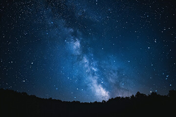 Starry night sky over a forest silhouette. Milky Way galaxy visible. Astronomy and exploration...