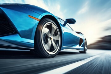  a close up of a blue sports car driving on a road with a blurry sky in the back ground.