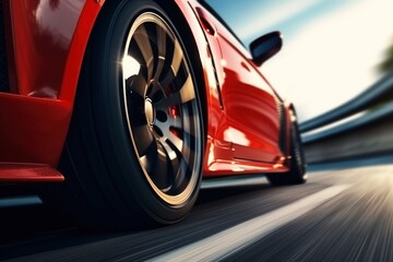  a close up of a red sports car driving on a road with a blurry image of trees in the background.