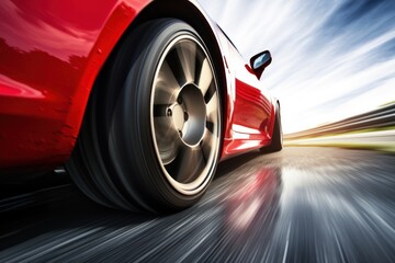  a close up of a red sports car driving down a road with motion blurs on the side of it.