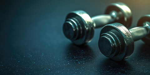 Close-up of metal dumbbell with a textured grip on a black background, fitness and strength training concept, banner backdrop. - obrazy, fototapety, plakaty