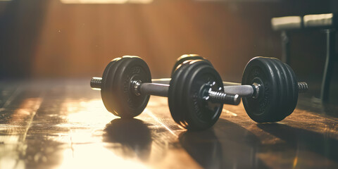 Close-up of metal dumbbell with a textured grip on a simple background, fitness and strength training concept, banner backdrop.