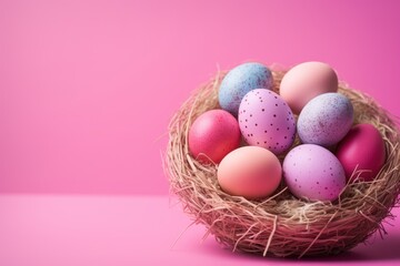 Fototapeta na wymiar a basket filled with colorful eggs on top of a pink background with a polka dot design on the top of the eggs.