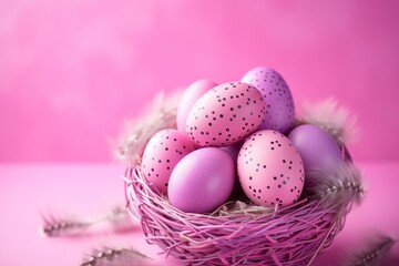 Naklejka na ściany i meble a bird nest filled with lots of pink and purple colored eggs on top of a pink background with feathers on the bottom of the nest.