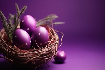 Fototapeta na wymiar a basket filled with purple eggs sitting on top of a purple table next to a green leaf on top of a purple surface.