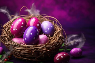  a wicker basket filled with painted eggs on a purple and purple background with feathers in the middle of the basket.
