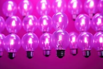  a group of bright pink light bulbs hanging from a ceiling in front of a wall of bright pink light bulbs.