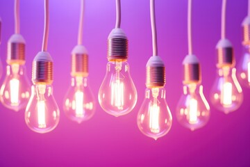  a bunch of light bulbs hanging from a purple and pink background with one light turned on and the other turned on.