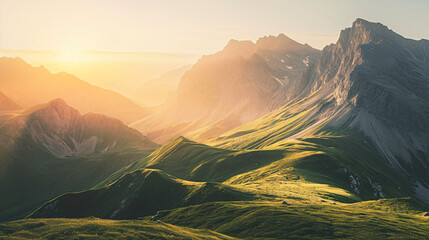 Golden hour light over alpine meadows. Photography for nature-inspired wallpaper and travel marketing. Golden light and natural landscape concept.
 - obrazy, fototapety, plakaty