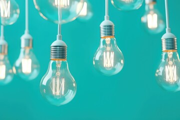  a bunch of light bulbs that are hanging from a line of lightbulbs in front of a blue background.