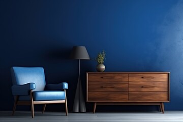  a blue room with a blue chair and a wooden dresser with a vase on top of it and a lamp on the side.