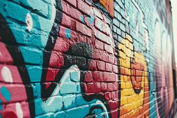 Close-up of colorful graffiti on a brick wall. Urban texture background for creative design use....
