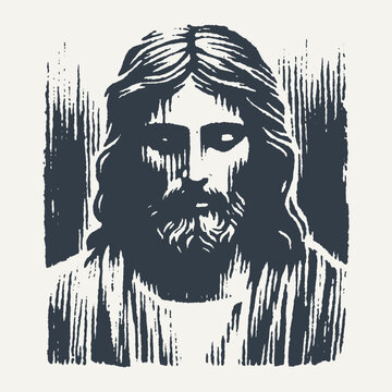 Ilustration of Jesus Christ. Vintage block print style vector illustration with grunge effect.