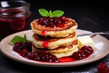  a stack of pancakes with raspberry sauce and butter on a plate with a knife and a jar of jam in the background.