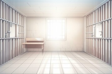 Prison cell with white background and banner. Illustration showing bars. Generative AI
