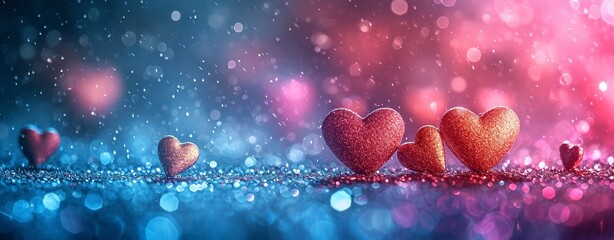 Valentines day background with red hearts on bokeh background - obrazy, fototapety, plakaty