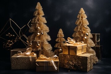 Christmas tree and gold gifts. Generative AI