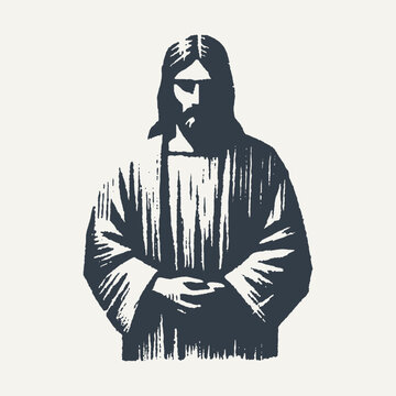 recommend clip art: Ilustration of Jesus Christ wearing tunic. Vintage block print style vector illustration with grunge effect.