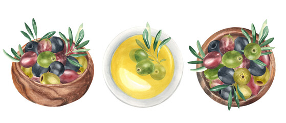 Olives and olive branches in wooden bowl and plate with olive oil. Top and side view. Green, black and red fruits watercolor hand drawn botanical illustration isolated on white background. Can be used