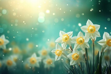  a bunch of white daffodils in a field of yellow daffodils with a blue sky in the background.