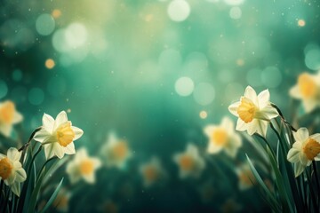  a group of yellow daffodils on a green background with boke of light coming from behind them. - obrazy, fototapety, plakaty