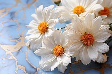  a group of white flowers sitting on top of a blue and gold table cloth on top of a blue table.