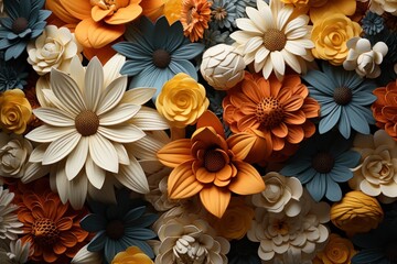  a close up of a bunch of flowers with orange, yellow, and blue flowers in the middle of it.