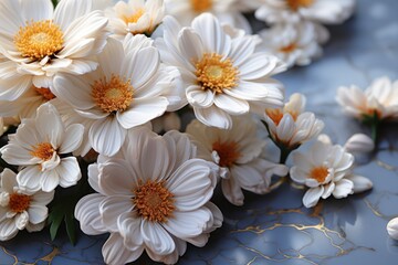  a bunch of white flowers sitting on top of a blue and gold table cloth with gold foiling on it.