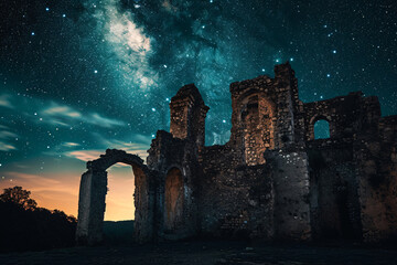 Medieval ruins under the Milky Way. Nighttime astrophotography for historical and celestial themes. Ancient history meets cosmic wonder. 