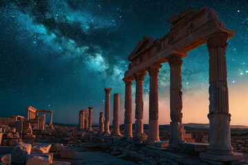 Ancient Greek columns under a starlit sky. Historical site astrophotography for educational and travel publications. Architecture and astronomy intersection.
