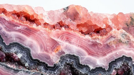 Close-up of Rodonite with its distinctive rosy hues and dark veins, showcased against a pure white backdrop.