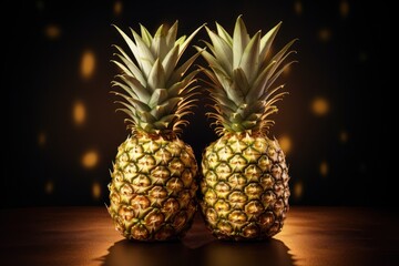  a couple of pineapples sitting next to each other on top of a wooden table in front of a dark background.