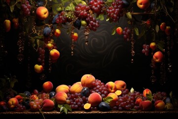  a bunch of fruit sitting on top of a table next to a bunch of fruit on top of a table.