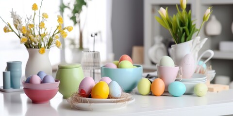Painted Easter eggs on saucers