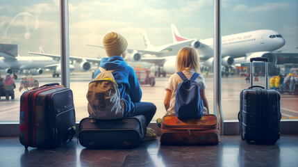 Children sit on their suitcases at the train station in front of a large window overlooking planes boarding, waiting for their parents to board their flight to begin their vacation travel. - obrazy, fototapety, plakaty