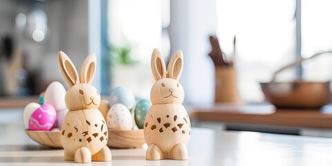 Easter bunny figurines on the kitchen table - obrazy, fototapety, plakaty