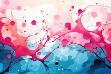  a painting of pink and blue flowers on a pink and blue background with bubbles in the bottom half of the image.