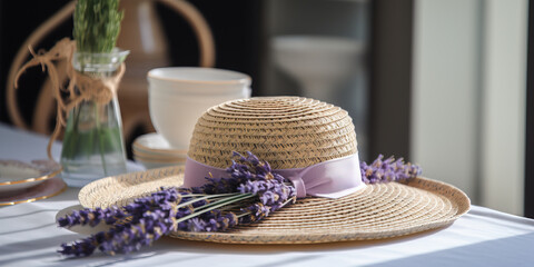 A straw women's hat with a sprig of lavender lies on the table.
