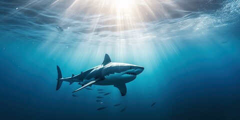 Fototapeta premium big white shark swimming and hunting in the ocean water near the surface